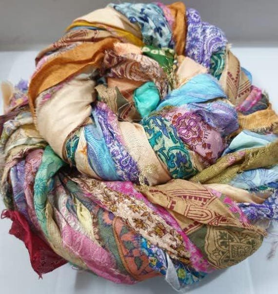 ABB 42 yards Unstitched Pure Silk Sari Ribbon Yarn tassels Skiens Skein MUTED DULL Shade Journal Scrapbook Craft Project strips India