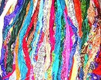 ABB 42 yards Unstitched Pure Silk Sari Ribbon Yarn tassels Skiens Skein 42 Strips 1 Yard MIXED Journal Scrapbook Craft Project India Jewelry