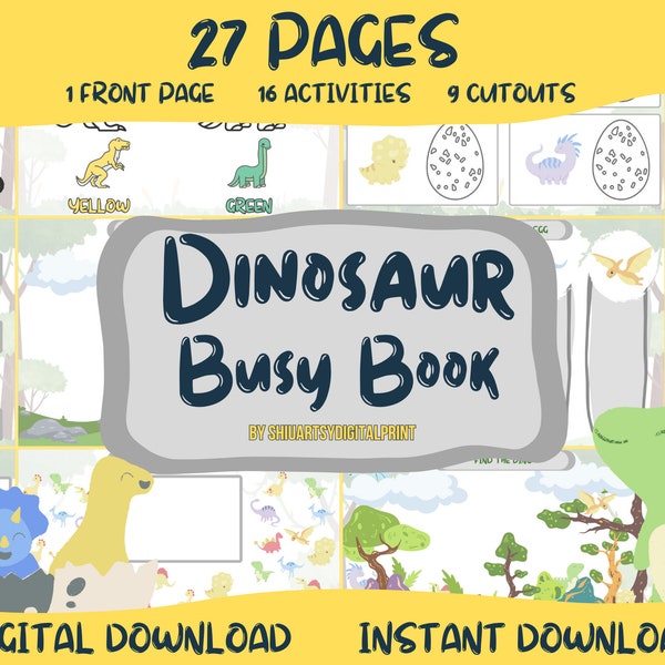Printable Dinosaur Busy Book Toddler Entertainment Book Dinosaur Themed Activity Busy Book Dinosaur Printable Activity Busy Book