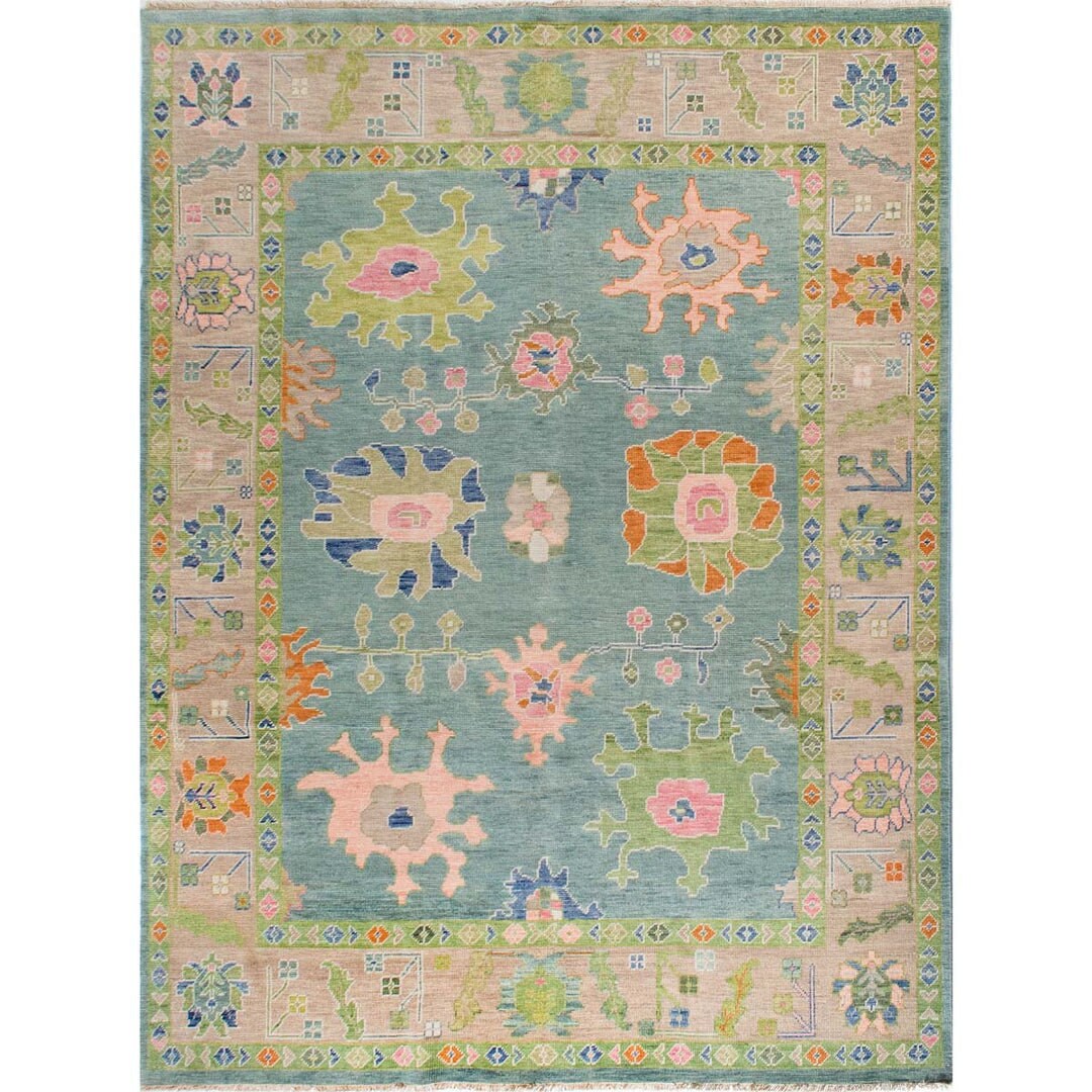 Modern Oushak Rug Hand Knotted Green Accent Turkish Rugs Design 9x12