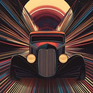 May include: An art deco style illustration of a vintage black car with a red roof, set against a backdrop of radiating lines in orange, red, and blue. The text "Midnight ride" is at the bottom.