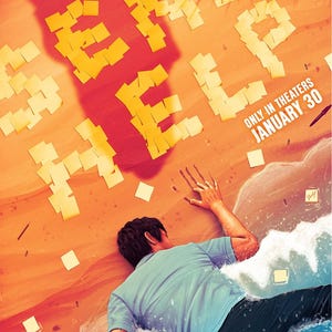 May include: Poster for the film "Send Help" featuring a person lying on a beach, with the title spelled out in yellow sticky notes. The text "Only in Theaters January 30" is also visible. The image has a warm, orange and blue color palette.