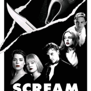 May include: Film poster for "Scream" with a white mask, a silver knife, and a cast of characters. The title "Scream" is in white. The poster's colour scheme is black and white. The poster includes the film's credits.