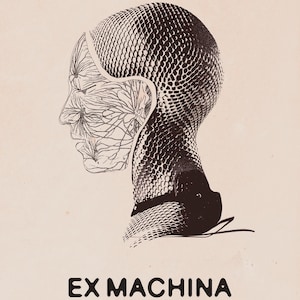 Könnte beinhalten: Das Filmplakat für "Ex Machina" zeigt ein Kopfprofil mit einer strukturierten Außenhaut und einem freiliegenden Innenbereich mit neuronalen Strukturen. Der Titel steht fettgedruckt unten.