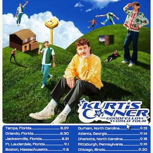May include: A promotional poster for Kurtis Conner's "The Goodfellow World Tour." The image features a collage with a person in a yellow sweater, a smiley face water tower, and a list of tour dates. The background is a blue sky with green hills.