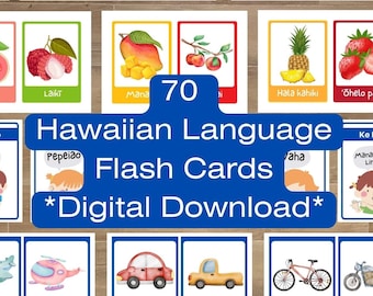 Cartes éducatives ʻŌlelo Hawai'i *Téléchargement PDF*, Apprentissage de la langue hawaïenne, 70 tableaux numériques