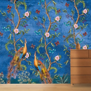 Chinoiserie Wallpaper, Dark Blue Mural,, Removable Peel Stick and Traditional