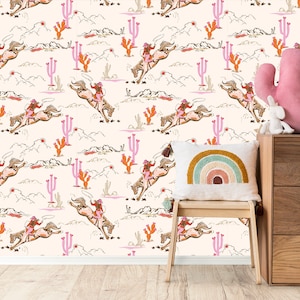 Carta da parati Cowgirl, carta da parati Wild West Peel and Stick, Howdy Pink Woodland, carta da parati Cowboy, Cactus Nursery Children Girl Neutral Vintage