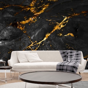 May include: A contemporary living room with a black marble feature wall, highlighted by gold veining. A cream sofa with cushions and a checked throw are in front of the wall. A round coffee table and side tables complete the scene.