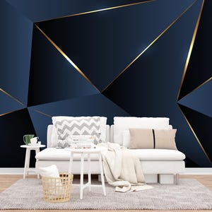 Dark and Golden Geometric Triangle Wallpaper | Peel and Stick Trapezoid Wall Mural for Living Room | Removable Wall Decor
