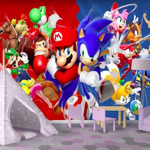 Carta da parati Mario e Sonic / Stampa da parete Mario e Sonic / Decorazione per la stanza dei giocatori / Arte da parete per bambini / Decorazione da parete / Mario Sonic Peel Stick