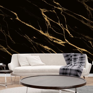 ELEGANT Black and Gold Marble Wallpaper | Modern Abstract Black Mural | Luxury Creative Stone | Ceramic Luminous Onyx