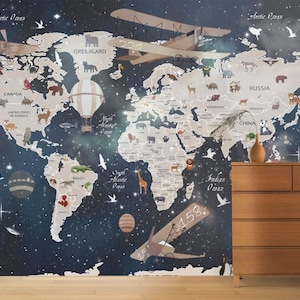 Carta da parati educativa con mappa del mondo e animali, murale staccabile e attaccabile - Carta da parati non tessuta