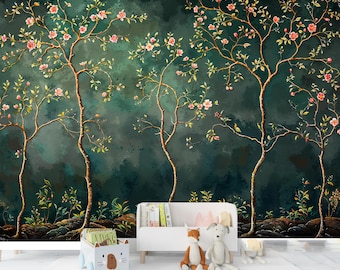Dark Green Chinoiserie Floral Wallpaper Removable Peel Stick and Nonwoven
