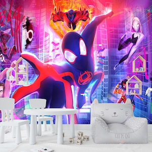 Super-héros Spider Verse papier peint autocollant, dessin animé Spiderman papier peint salle de jeux pour garçons, Spiderman murale murale chambre d'enfant supprimer décoration pour enfants