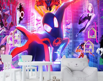May include: A vibrant mural featuring Spider-Man and other characters from the Spider-Verse. The artwork is set against a cityscape with bright pink and purple hues. White furniture, including a table, chairs, and a cat-shaped seat, is in the foreground.
