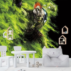 PAPIER PEINT GREEN HULK, Papier peint aspect 3D, Décorations murales Les incroyables Hulk Papier peint intissé autocollant