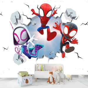 Spiderman Wallpaper for Kids Room, Superhero Peel and Stick Mural, Nursery Wall Decor, Spiderman With Friends Toddler Removable Wallpaper