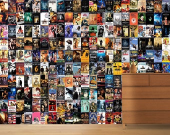 May include: A wall covered in movie posters, featuring a variety of genres and actors. A wooden dresser with six drawers sits in front of the wall.