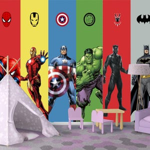 Superhero Wallpaper Spiderman, Iron Man, Hulk Peel and Stick Mural, Nursery Wall Decor, Superheros  Removable Wallpaper