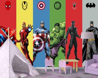 Superhero Wallpaper Spiderman, Iron Man, Hulk Peel and Stick Mural, Nursery Wall Decor, Superheros  Removable Wallpaper