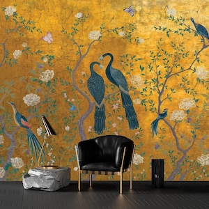 Goldene Tapete, Pfau Wandbild, Tapete Vintage, Chinoiserie Tapete zum Schälen und Aufkleben, Tapete mit Vögeln und Blumen