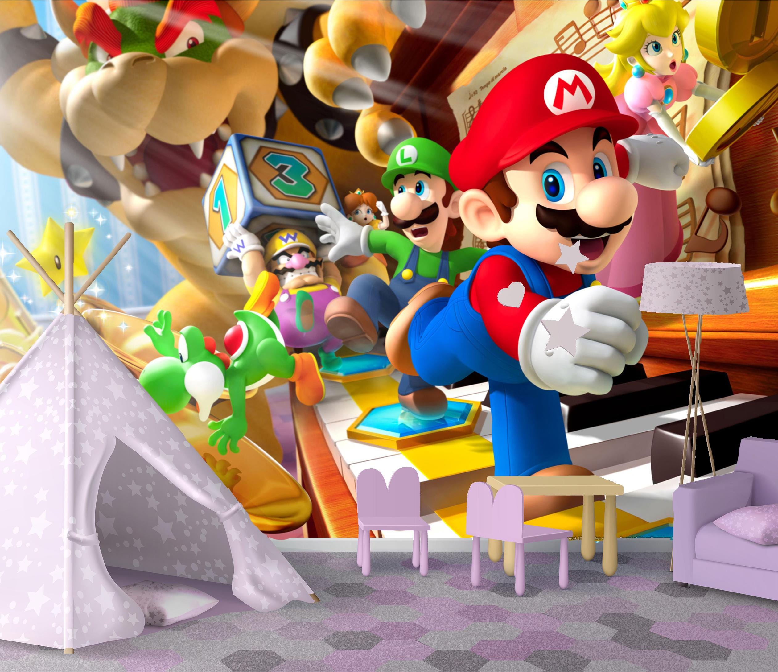 スーパーマリオの壁画：剥がして貼るだけの子供部屋用デコレーション