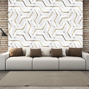 Goldweiße Tapete für Wohnzimmer Gold Geometrische Tapete Muster-Tapete Schlafzimmer Benutzerdefinierte Wand-Druck-Goldformen abziehen und aufkleben