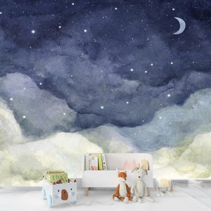 Watercolor Night Sky Wallpaper Crescent Moon and Stars Print Peel and Stick Nonwoven Wallpaper