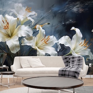 Carta da parati murale floreale con fiori di loto ad acquerello, decorazione murale floreale con fiori di loto