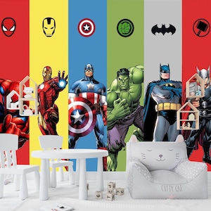Carta da parati supereroi per la cameretta dei bambini, murale staccabile e attaccabile di Spiderman, decorazione da parete per la cameretta dei bambini, decalcomania supereroi per carta da parati rimovibile per bambini piccoli