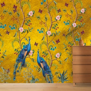 Vintage Chinoiserie Peel and Stick Wallpaper with Birds, Gold Vintage Chinoiserie Botanical Wallpaper Mural, Wallpaper With Birds and Flower