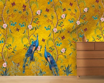 Gold Chinoiserie Wallpaper: Vintage Birds & Botanical Mural (Peel and Stick)