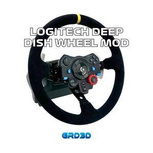 May include: A Logitech deep dish wheel mod for a racing game controller. The wheel is black with a yellow stripe and has a black suede covering. The wheel has a variety of buttons and a red knob.
