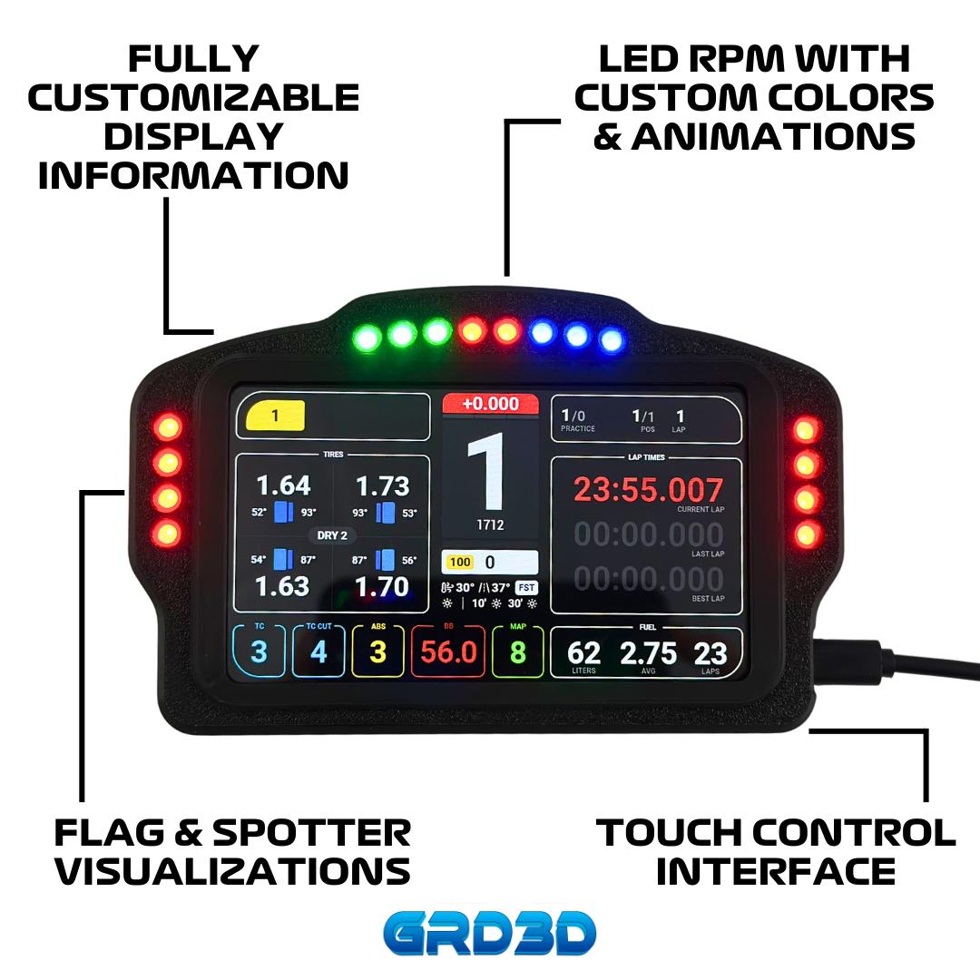 GRD3D Sim Racing Dashboard - 5-inch Touch Display, 16 RGB Leds for RPM ...