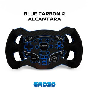 May include: A racing wheel in blue and black, with the text "BLUE CARBON & ALCANTARA". It features various buttons and a central logo. Designed for racing simulators.