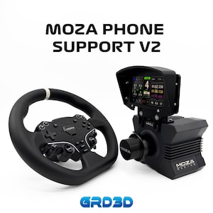 May include: Black MOZA racing wheel and phone support V2 with a digital display showing racing data. The wheel has a black grip and control buttons. The phone support is black and has the MOZA logo.