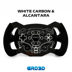 May include: A racing wheel featuring a white carbon fibre design with black suede grips. The text "WHITE CARBON & ALCANTARA" is displayed. It has multiple buttons and dials, with the brand name "MOZA RACING" visible. The overall design is modern.
