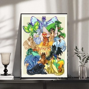 Könnte beinhalten: Ein gerahmter Kunstdruck mit einer farbenfrohen Illustration verschiedener Drachen. Das Kunstwerk zeigt Drachen in Grün-, Blau-, Braun- und Gelbtönen mit dem Text "Wings of Fire" in der Mitte.