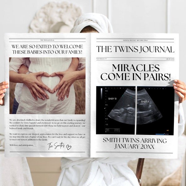 Twins pregnancy announcement newspaper canva template, Newspaper baby announcement printable, Pregnancy announcement digital, Baby shower