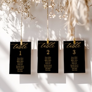 Kaartsjabloon bruiloft zitplaatsen, zwart en goud zitplan bewerkbaar, modern minimalistisch tafelarrangement bruiloft afdrukbaar