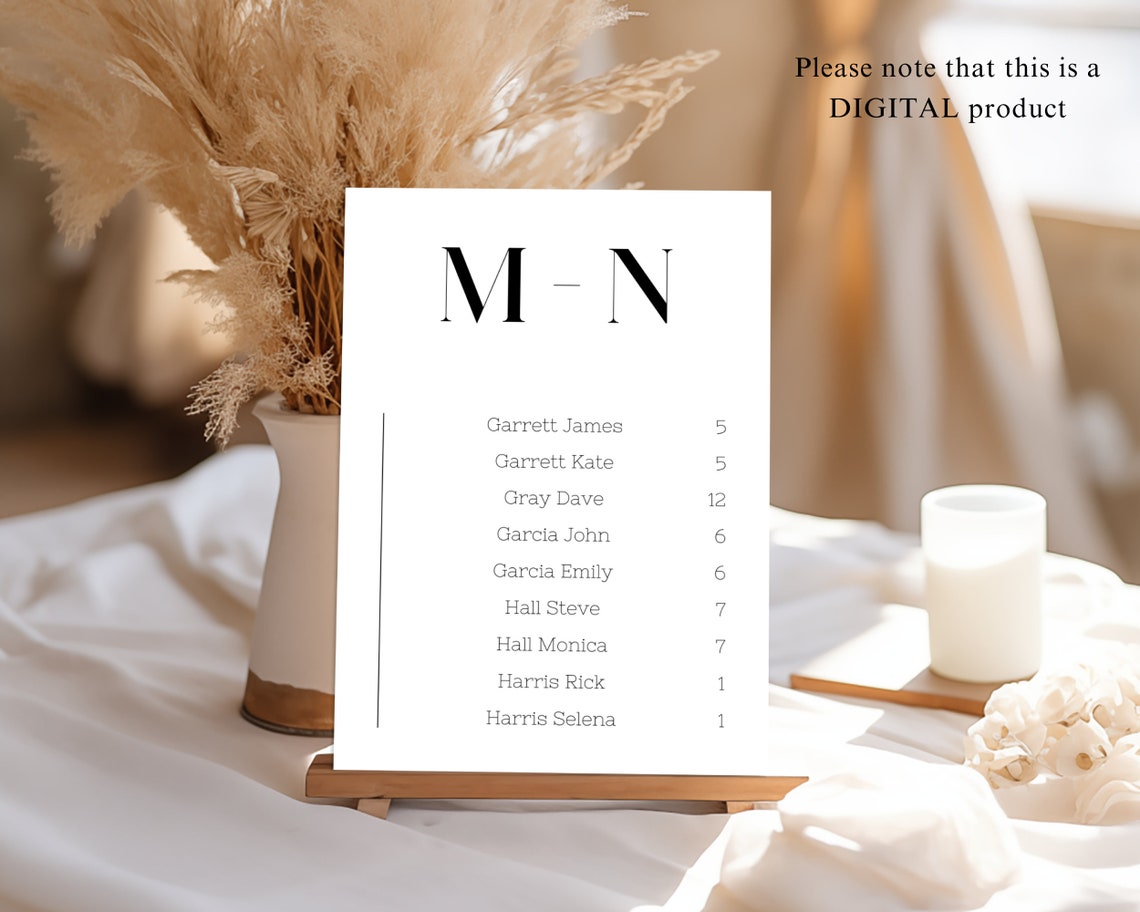 Alphabetical Seating Chart Wedding Template, Minimalist Seating Chart