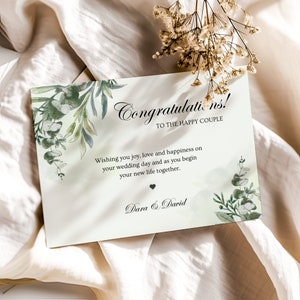 Eucalyptus bruiloft gefeliciteerd kaart afdrukbaar, bruiloft gefeliciteerd kaartsjabloon canva, groen trouwdag kaart bewerkbaar