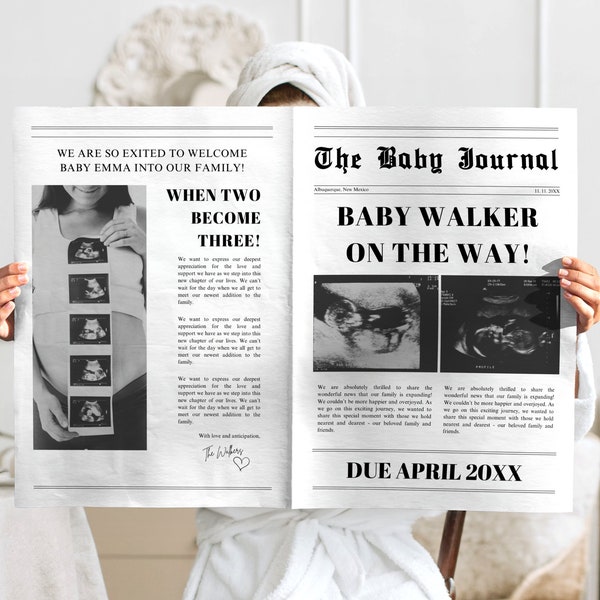 Newspaper pregnancy announcement, Canva newspaper baby announcement template, Large newspaper baby shower editable, Baby on the way