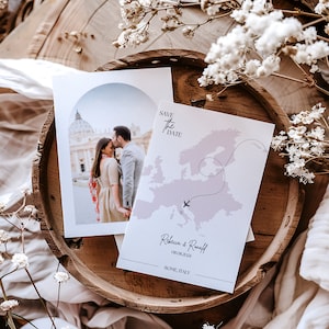 Außer dem Datum Ziel Hochzeit Vorlage Canva, druckbare Weltkarte Hochzeitseinladung, bearbeitbare Reise speichern die Datum Karte mit Foto