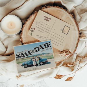 Retro Postkarte Save the Date Kartenvorlage mit Foto zum Ausdrucken, Vintage Hochzeit Save the Date mit bearbeitbarem Kalender, Sofort-Download
