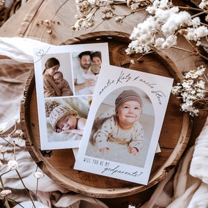 Cartão de proposta de padrinho com foto, modelo editável de proposta de madrinha moderna, cartão mínimo você será meu padrinho para impressão