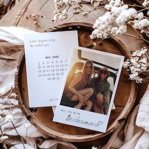 Brautjungfer Vorschlag Kartenvorlage canva, werden Sie meine Brautjungfer Karte zum ausdrucken, bearbeitbare Polaroid Foto Karte, Instant Download