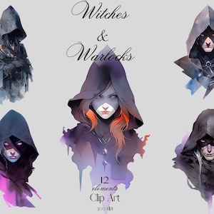 Heksen & Warlocks illustraties, 12 transparante PNG-afbeeldingen, mystieke illustraties, Halloween