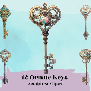 Ornate Key Collection, Clip Art, 12 Transparent PNG Images, Plus bonus Image